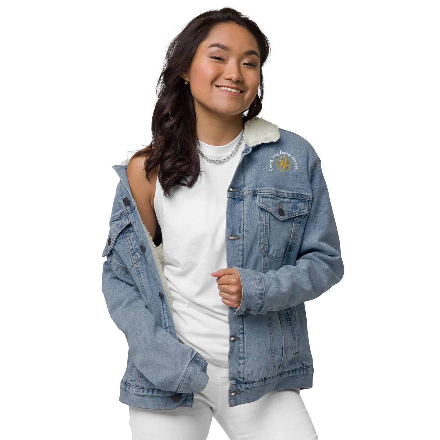 Loves me loves me not by Irma Unisex denim sherpa jacket