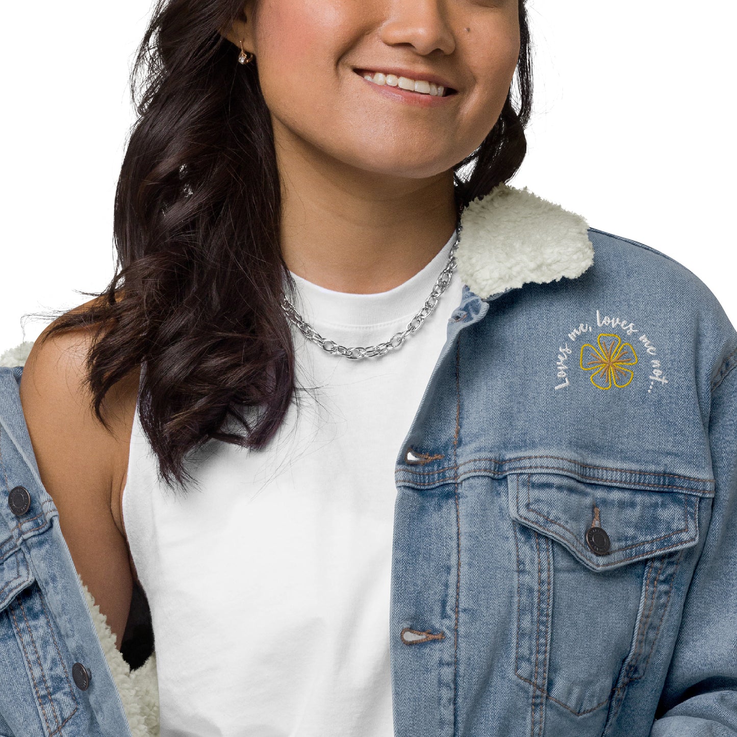 Loves me loves me not by Irma Unisex denim sherpa jacket